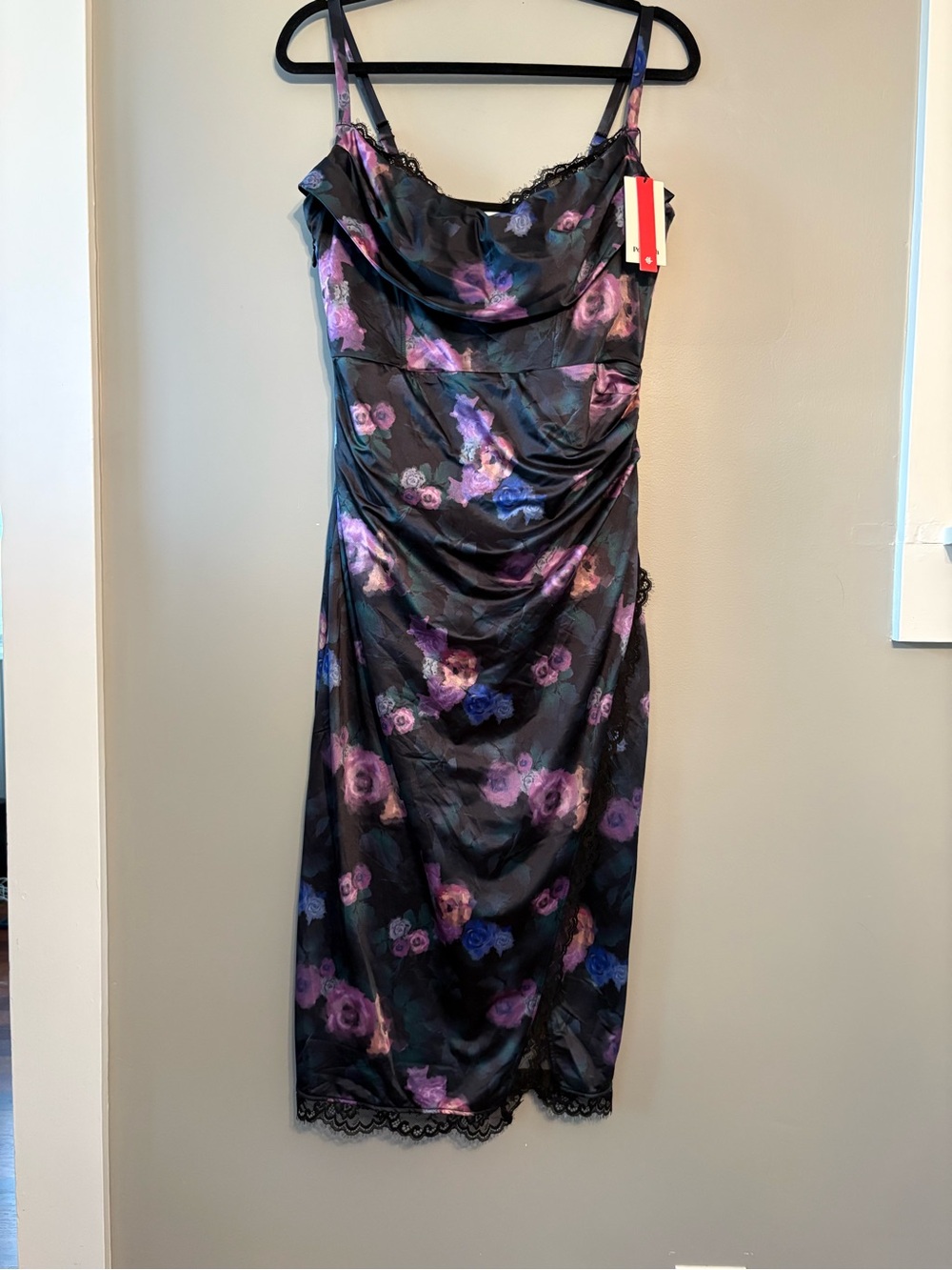 Women's Black Floral Satin Slip Dress with Lace Trim
